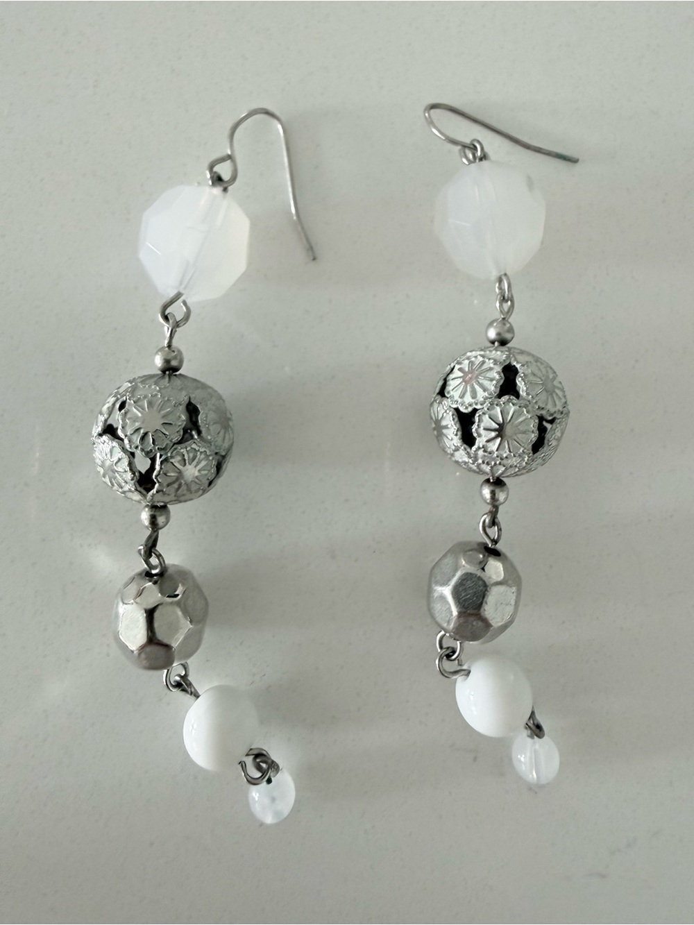 Silver and White Dangle Earrings - Elegant Floral Filigree